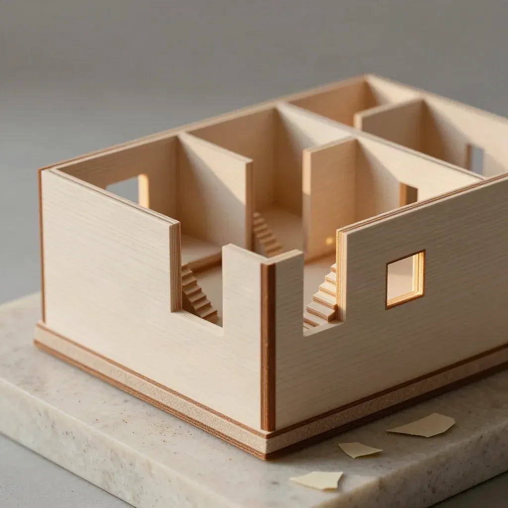 Pale timber cutaway house model with stairs and window openings lit by slanting daylight.