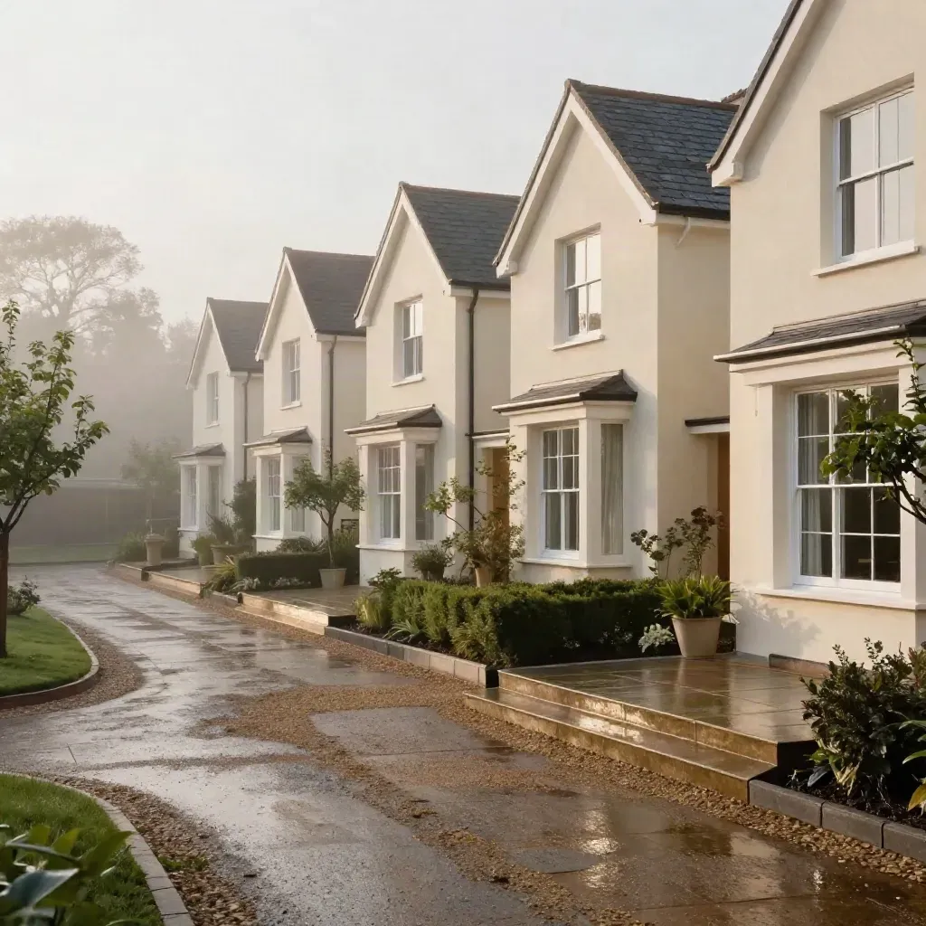 Cream-render show homes beside a curved gravel drive in lifting morning mist.