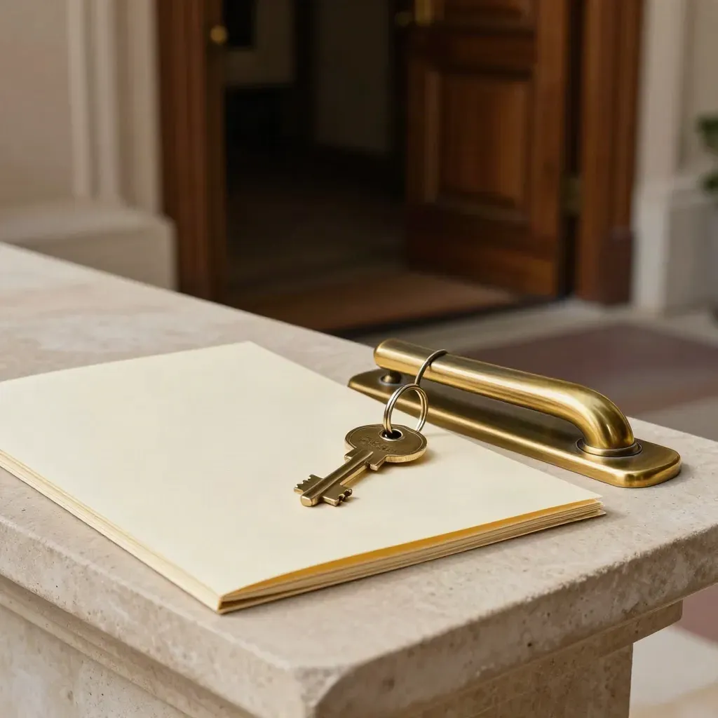Brass keys, door hardware, and cream sales folder on a stone entry console by a doorway.