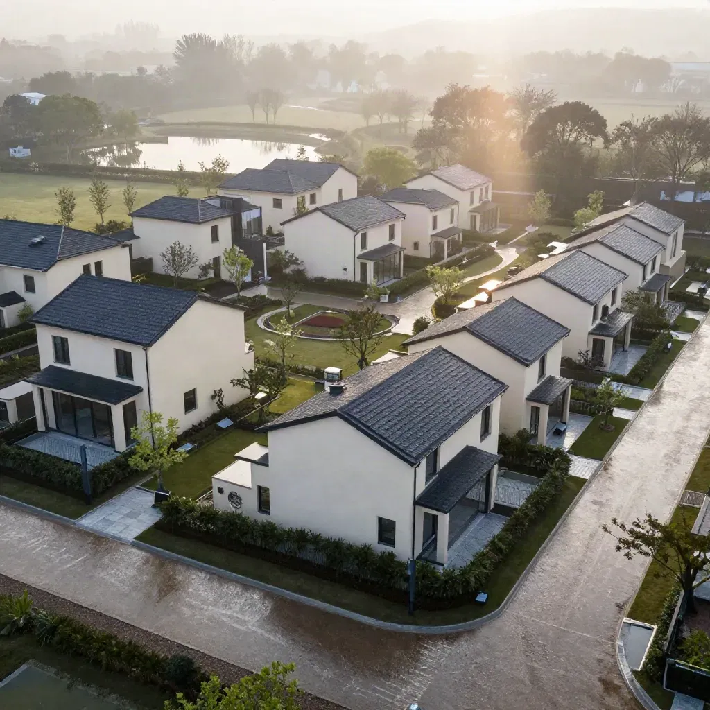 Aerial view of cream-render estate homes, gravel roads, young trees and mist over a pond at dawn.
