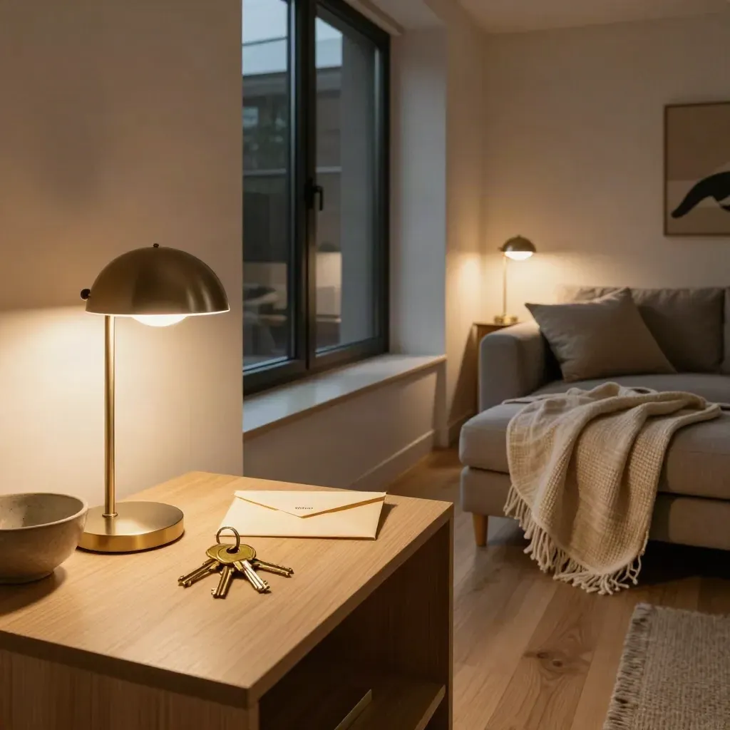 Evening apartment lounge with brass keys, linen throw and tenant pack by a dark window.