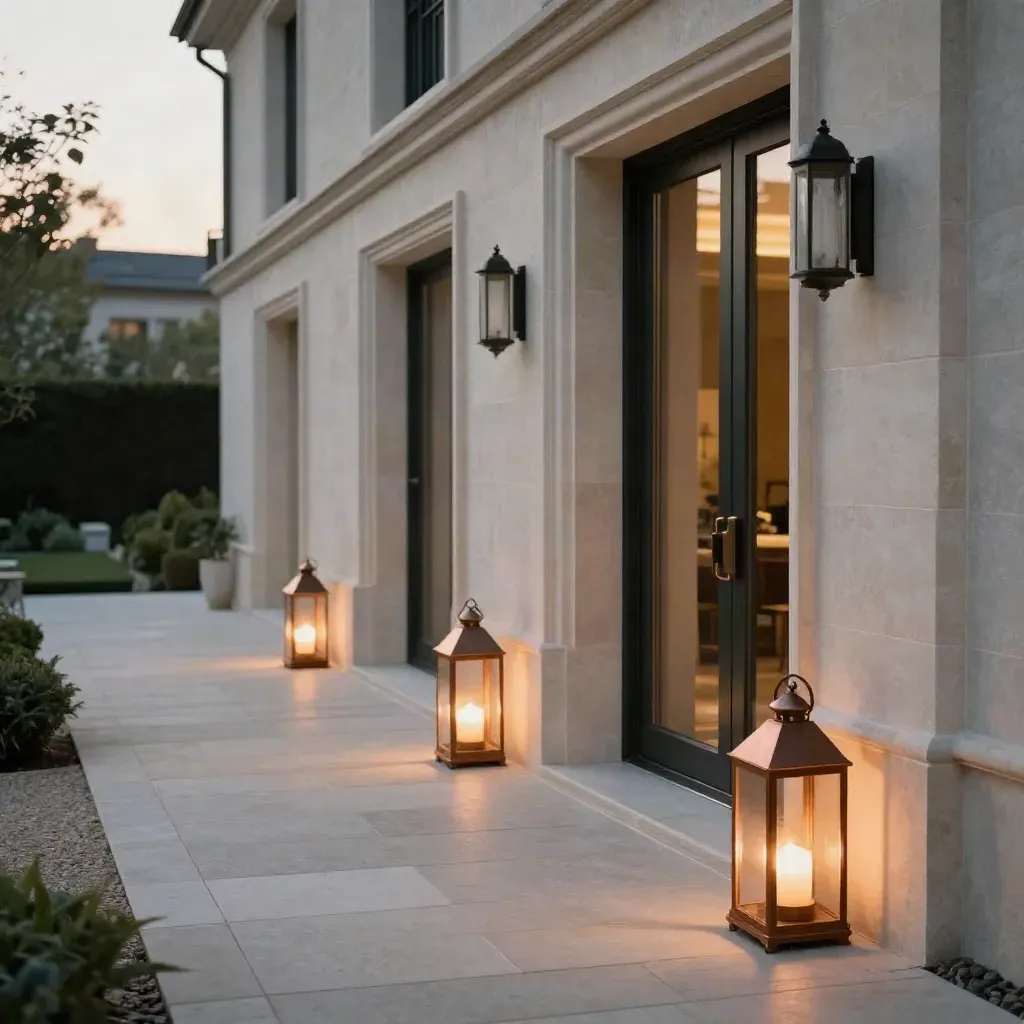 Empty luxury terraces glowing around a quiet courtyard at dusk.