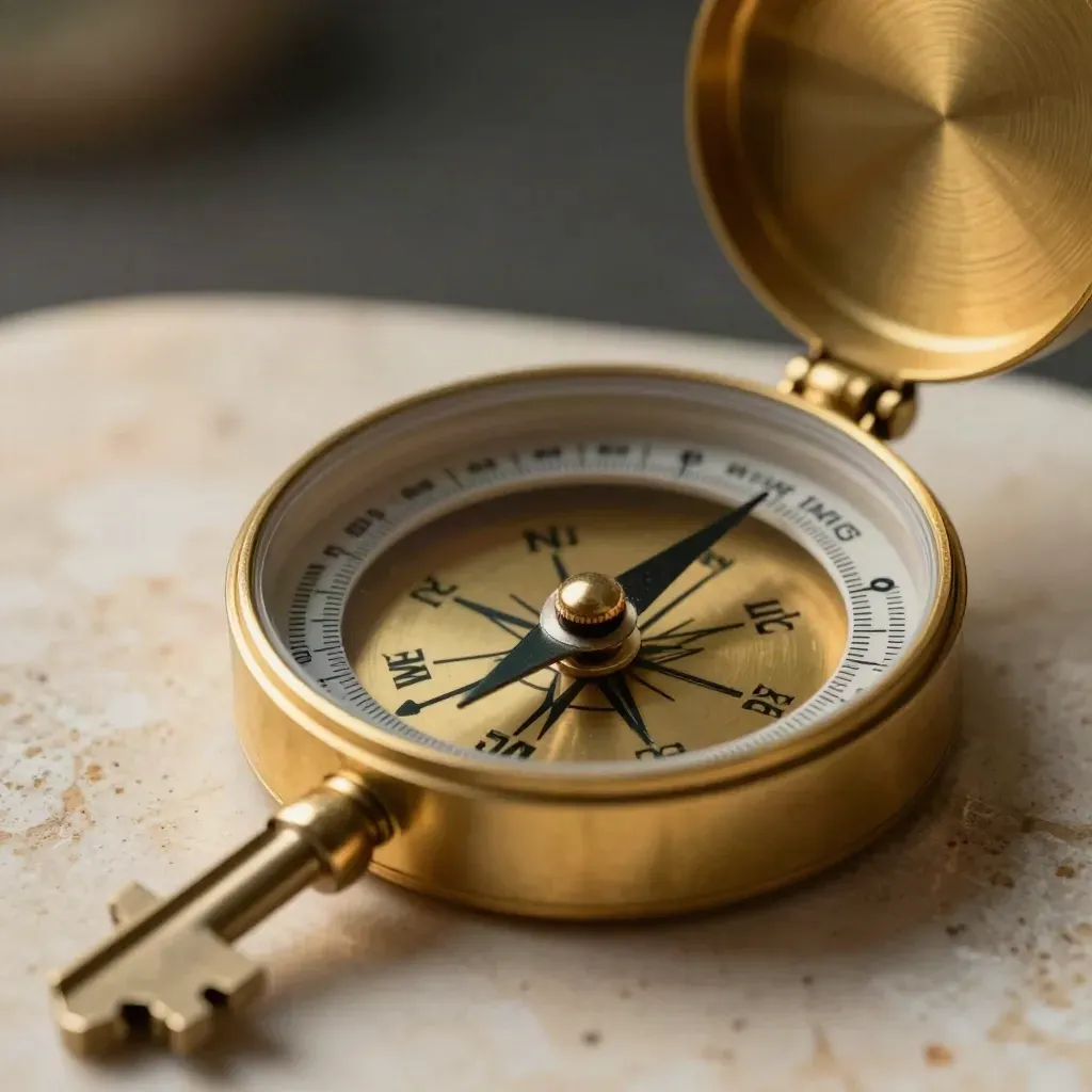 Brass estate compass, house key, and timber site model edge in dramatic macro light.