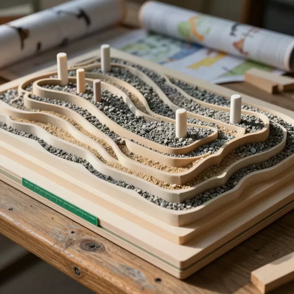 Layered timber contour board with gravel texture and one sharp chalk peg.