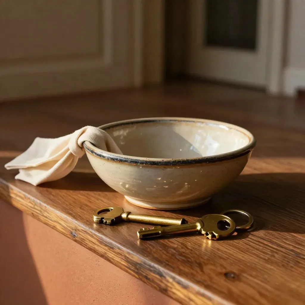Ceramic key bowl with brass keys and folded leasing sleeve on a terracotta ledge.