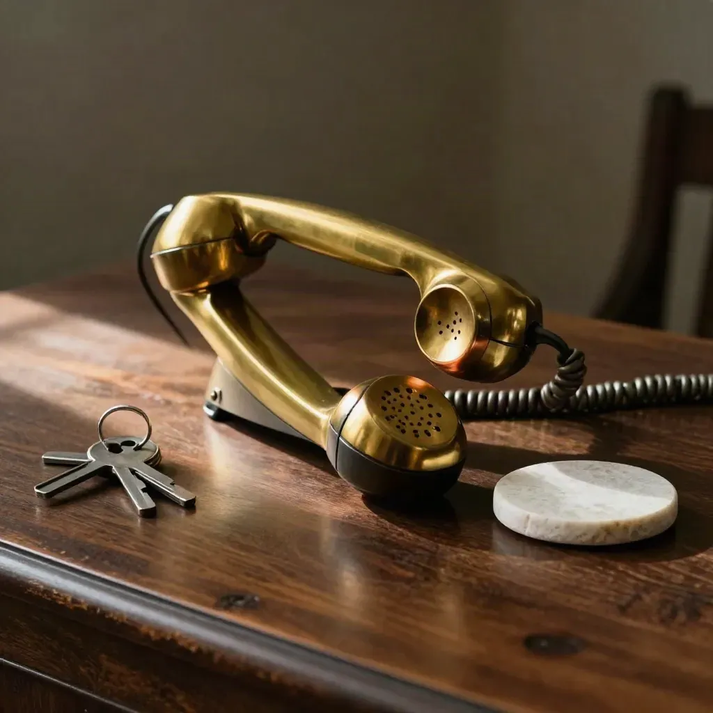 Brass handset, keys, and stone coaster on dark walnut in soft side light