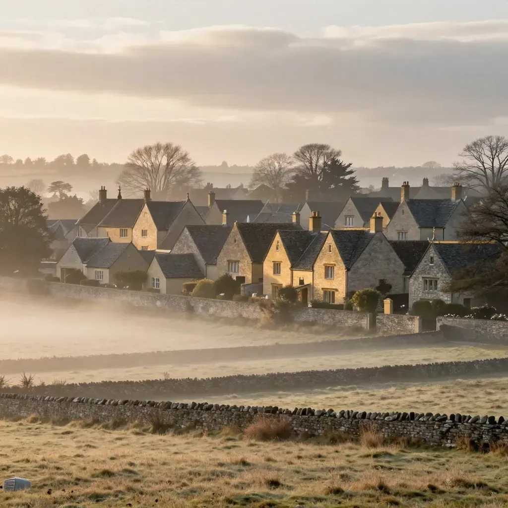 Cotswolds ridge of honey-stone cottages above a misted valley in warm morning light