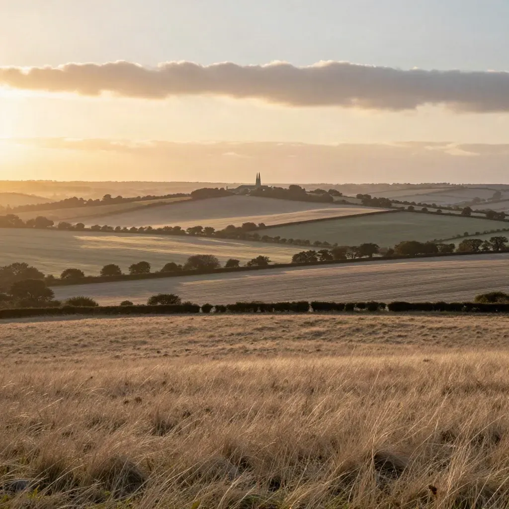 Kent Downs at golden hour with patchwork fields, a flint church and warm haze.